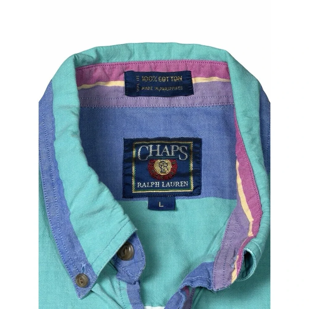 Vintage 90s Chaps Ralph Lauren Shirt L Men Color Striped Short Sleeve Crest Logo - Picture 4 of 9